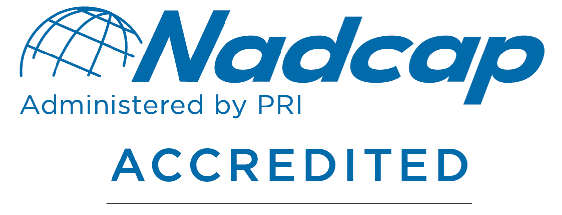 Nadcap Accredited logo in blue, with a globe graphic and the text Nadcap Administered by PRI ACCREDITED on a white background.