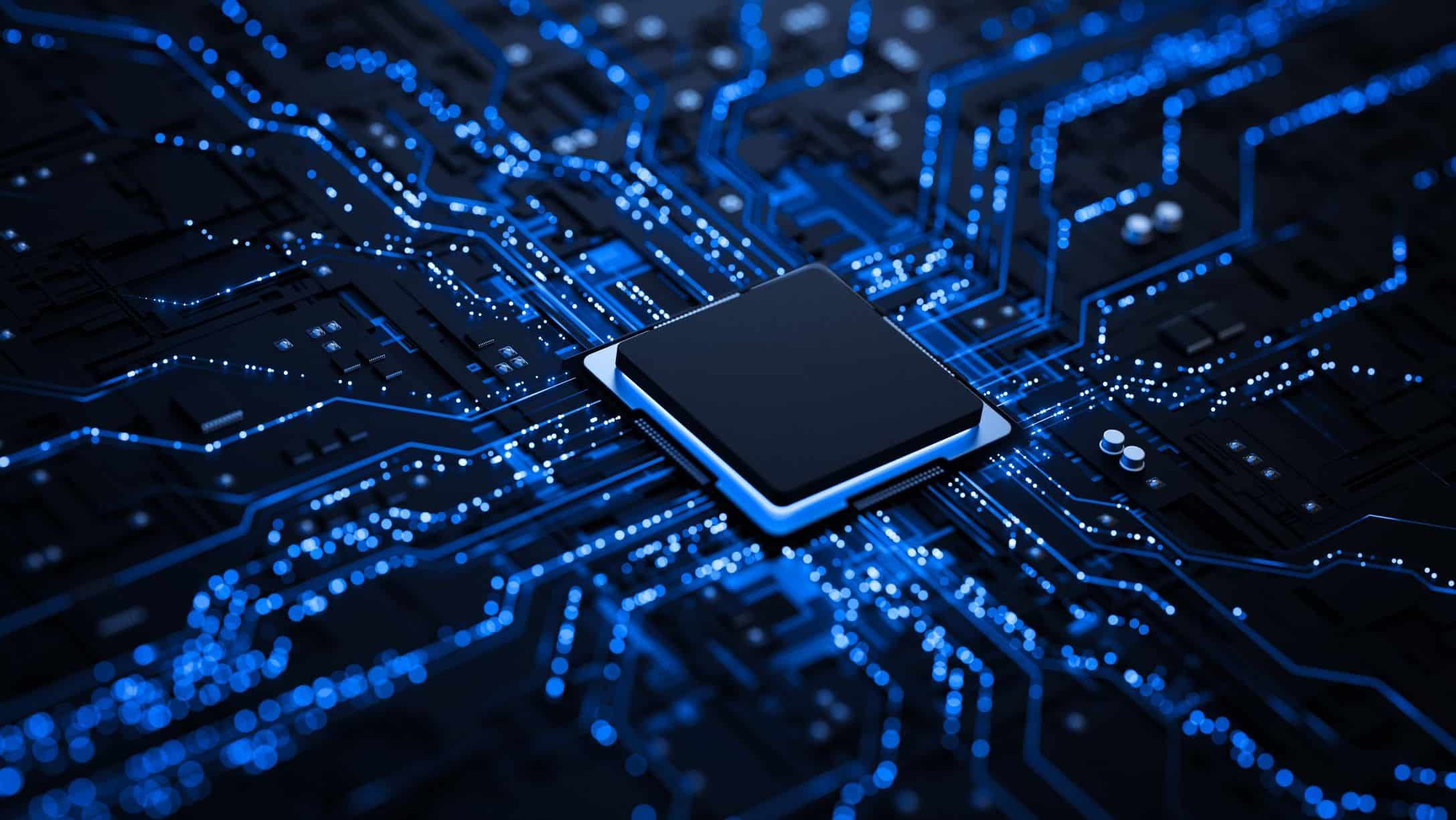 A close-up of a black microchip on a circuit board, with glowing blue lines representing electrical connections radiating outward, illustrating technology and digital connectivity.